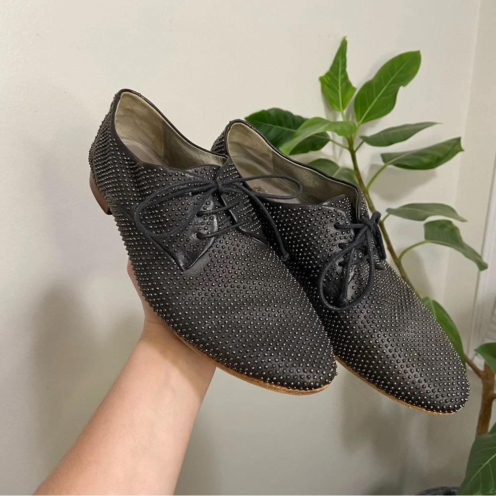 Marsell Black Leather Silver Studded Oxford Loafer Shoes